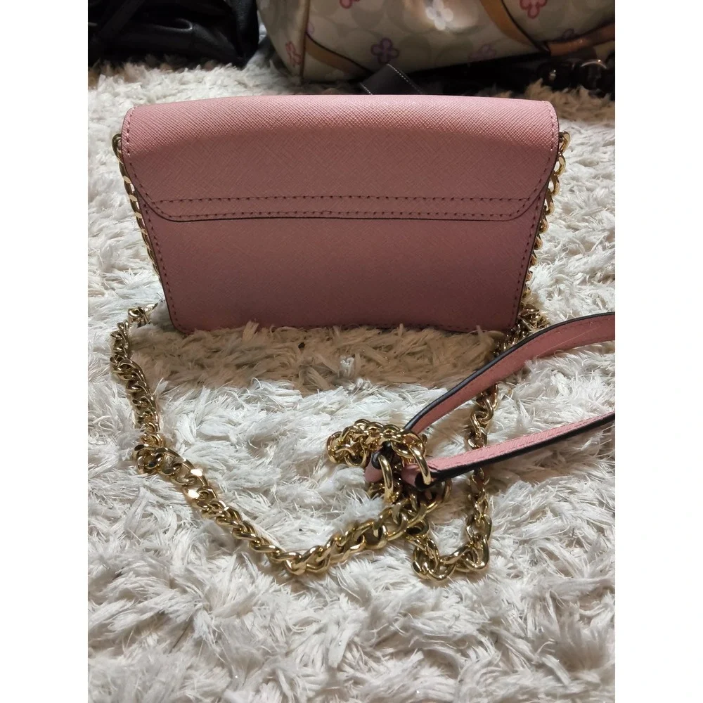 30.Michael Kors Pink Saffiano Leather Bow Crossbody Bag Gold Chain Strap Mini